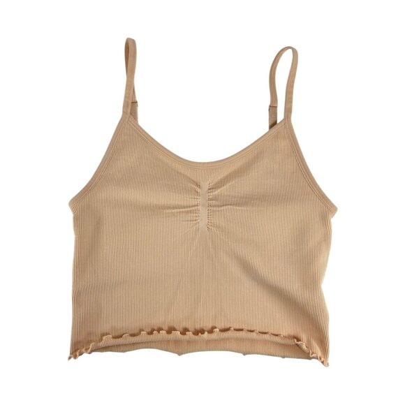 SPIRITUAL GANGSTER Hart Seamless Sports Bra Sz XS/S Nude Pink Ribbed Ruffle Yoga - Picture 2 of 10